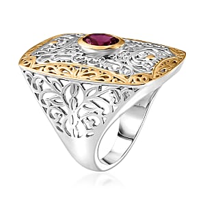D'Joy Passport to Israel AAA Radiant Ember Garnet 1.00 ctw Fillegree Work Ring in 18K Vermeil Yellow Gold and Rhodium Over Sterling Silver (Size 5.0)
