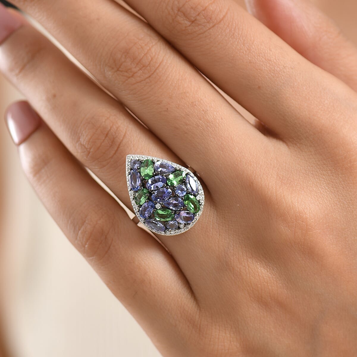 D'Joy Tanzanite and Multi Gemstone 4.00 ctw Majestic Mosaic Ring in Rhodium Over Sterling Silver (Size  9.0) image number 2