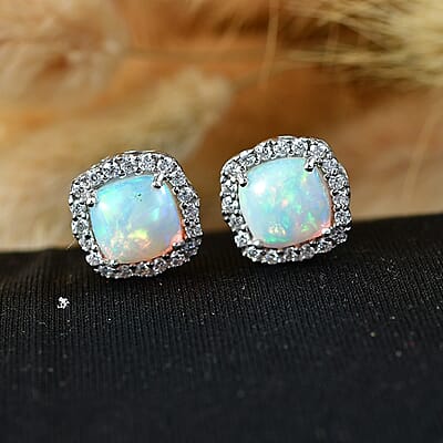 D'Joy Premium Ethiopian Welo Opal and Moissanite 2.70 ctw Earrings in Rhodium Over Sterling Silver