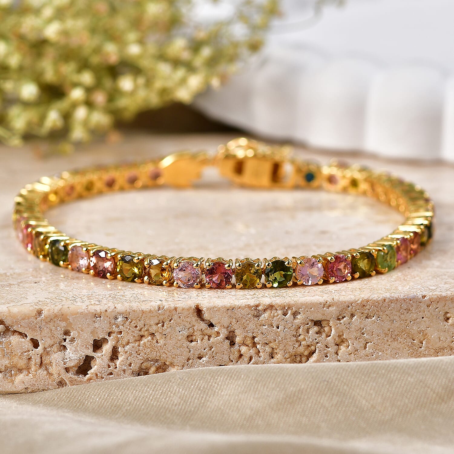 D'Joy Premim Multi-Tourmaline 11.00 ctw Tennis Bracelet in 18K Vermeil Yellow Gold Over Sterling Silver (7.25 In)