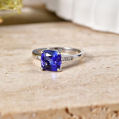 Rhapsody AAAA Tanzanite and Diamond E-F VS 2.50 ctw Twilight Cushion Ring in 950 Platinum (Size 6.0) 5.85 Grams