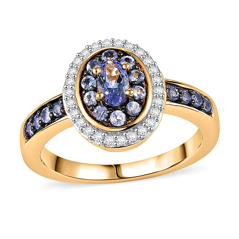 D'Joy Tanzanite and White Zircon 0.80 ctw Twilight Halo Ring in 18K Vermeil Yellow Gold Over Sterling Silver (Size  5.0)