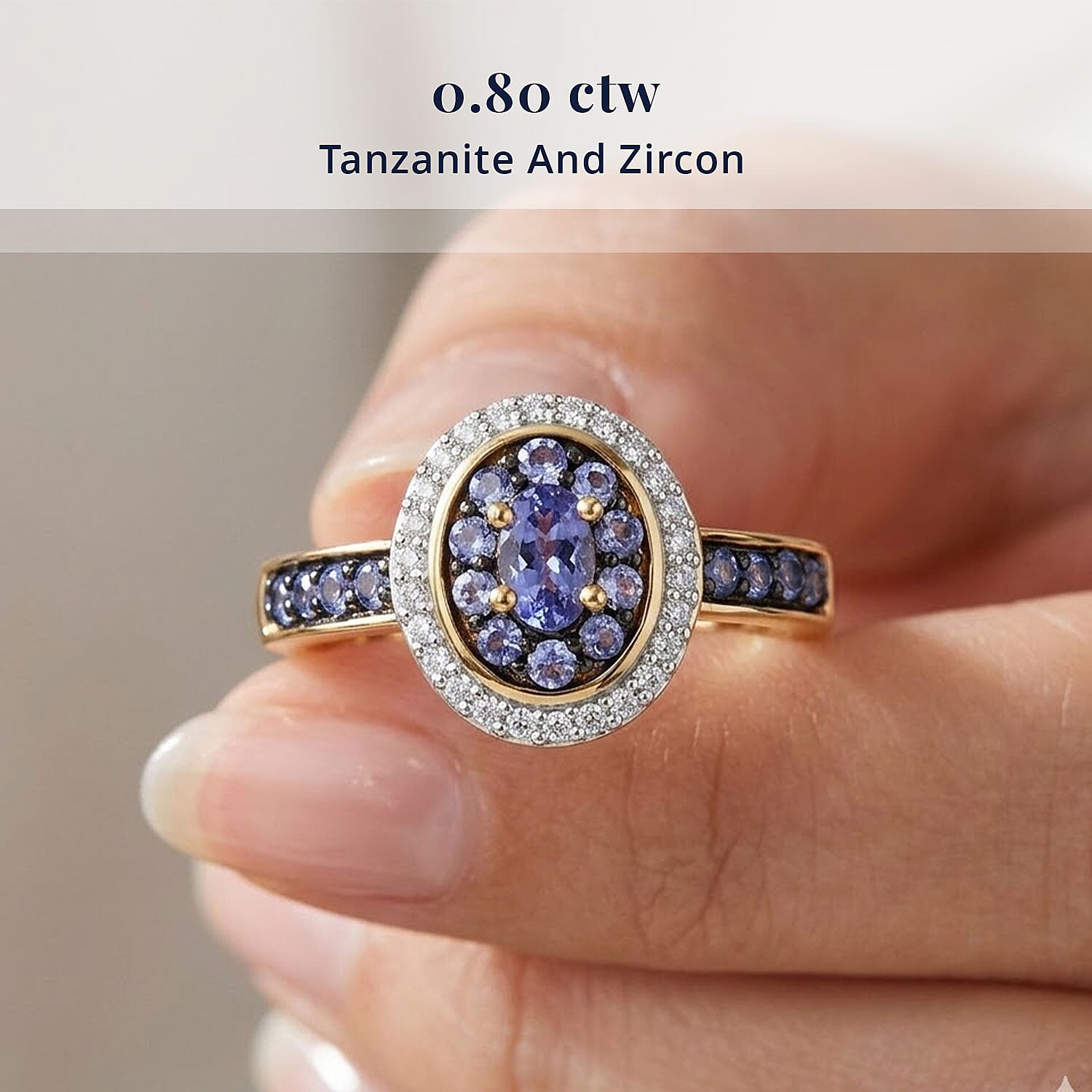 D'Joy Tanzanite and White Zircon 0.80 ctw Twilight Halo Ring in 18K Vermeil Yellow Gold Over Sterling Silver (Size  5.0)