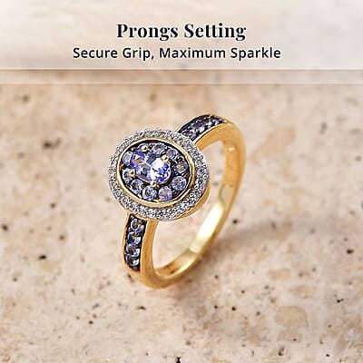 D'Joy Tanzanite and White Zircon 0.80 ctw Twilight Halo Ring in 18K Vermeil Yellow Gold Over Sterling Silver (Size  5.0)