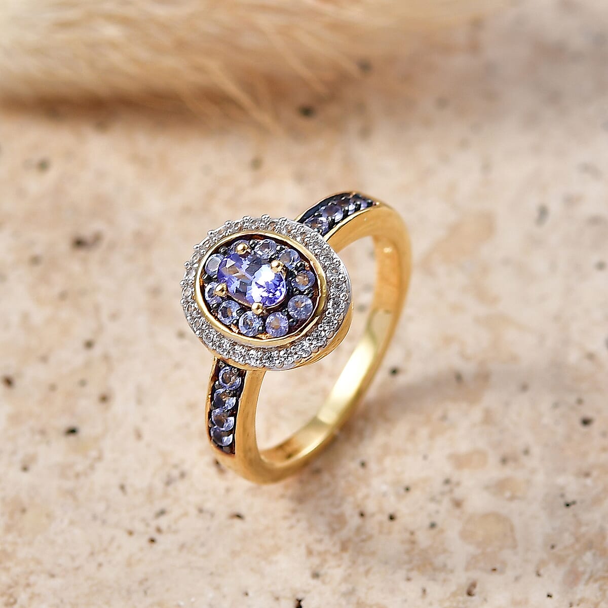 D'Joy Tanzanite and White Zircon 0.80 ctw Twilight Halo Ring in 18K Vermeil Yellow Gold Over Sterling Silver (Size  7.0) image number 1