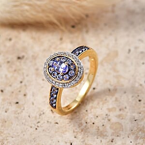 D'Joy Tanzanite and White Zircon 0.80 ctw Twilight Halo Ring in 18K Vermeil Yellow Gold Over Sterling Silver (Size  7.0)