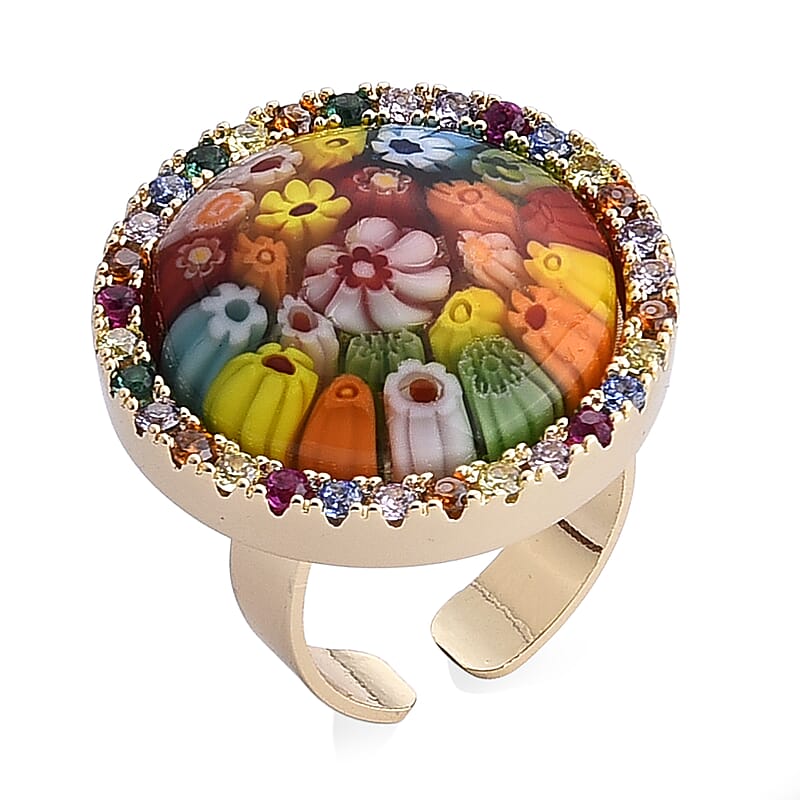 Multi Color Murano Style and Simulated Multi Color Diamond Ring in ION Plated YG (6.00-10.00)