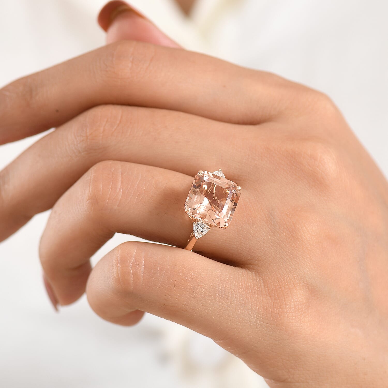 SGL Certified Asscher Cut AAA Marropino Morganite and Luxuriant Lab Grown Diamond E-F VS 7.90 ctw Blush Royale Ring in 10K Rose Gold (Size  6.0)