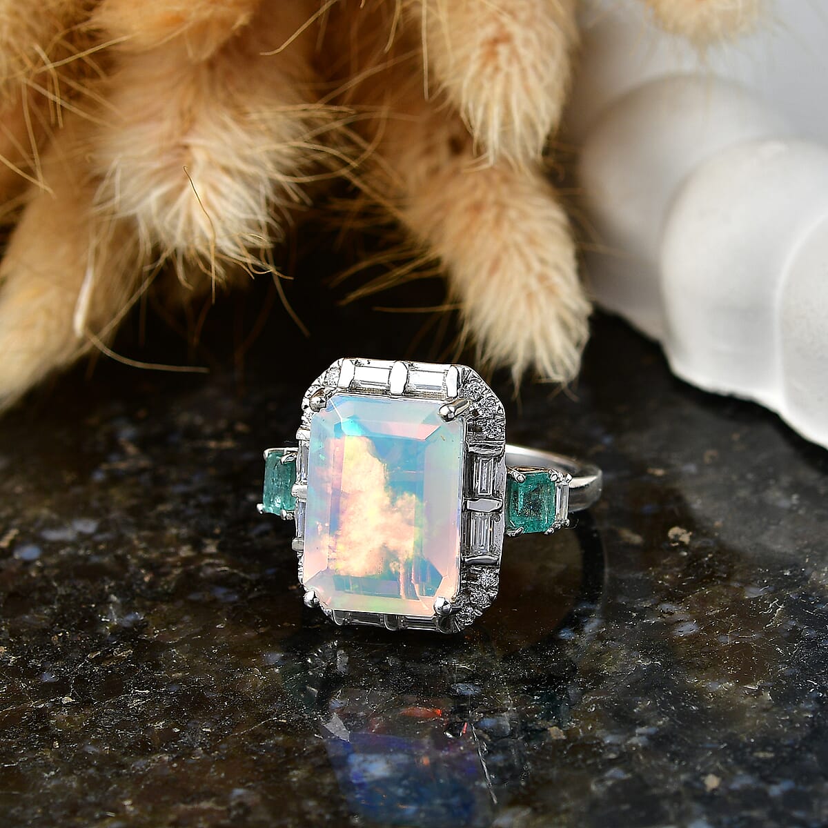 D'Joy AAA Ethiopian Welo Opal, Multi Gemstone Architect Muse Ring in Rhodium Over Sterling Silver (Size 10.0) 6.35 ctw image number 1