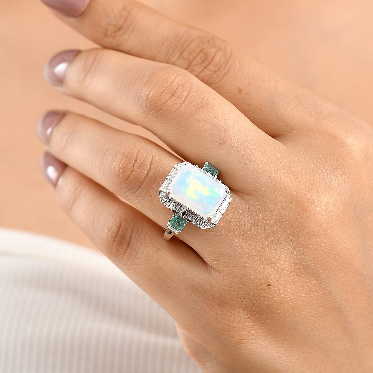 D'Joy AAA Ethiopian Welo Opal and Multi Gemstone 6.35 ctw Architect Muse Ring in Rhodium Over Sterling Silver (Size 11.0) (Del. in 8-10 Days) image number 2