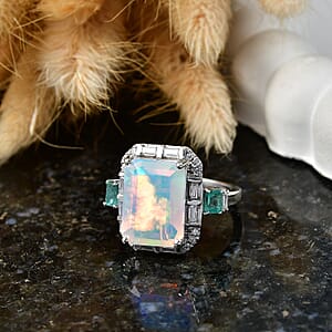 D'Joy AAA Ethiopian Welo Opal and Multi Gemstone 6.35 ctw Architect Muse Ring in Rhodium Over Sterling Silver (Size 6.0) (Del. in 8-10 Days)