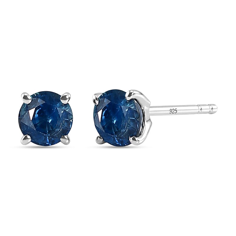 D'Joy AAA Natural Blue Sapphire 1.25 ctw Solitaire Stud Earrings in Rhodium Over Sterling Silver