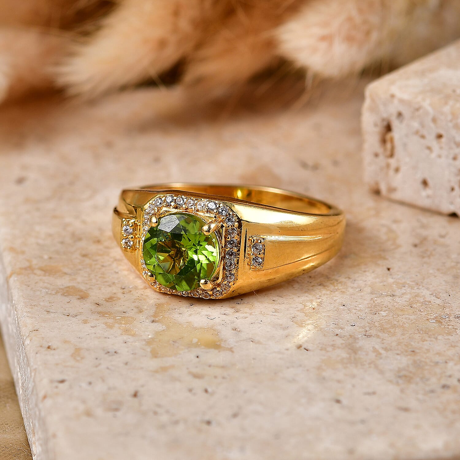 EverTrue Hebei Peridot and White Zircon 2.50 ctw Men's Ring in 18K YG Plated