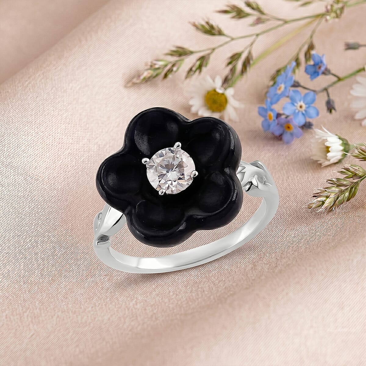 D'Joy Moissanite and Black Jade (D) 8.40 ctw Carved Midnight Bloom Spark Ring in Rhodium Over Sterling Silver (Size 10.0) image number 1