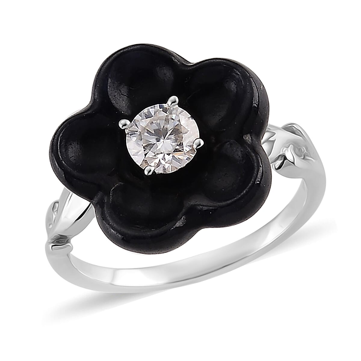 D'Joy Moissanite and Black Jade (D) 8.40 ctw Carved Midnight Bloom Spark Ring in Rhodium Over Sterling Silver (Size 5.0)