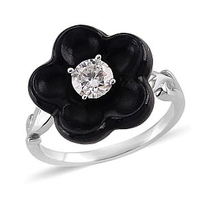 D'Joy Moissanite and Black Jade (D) 8.40 ctw Carved Midnight Bloom Spark Ring in Rhodium Over Sterling Silver (Size 5.0)