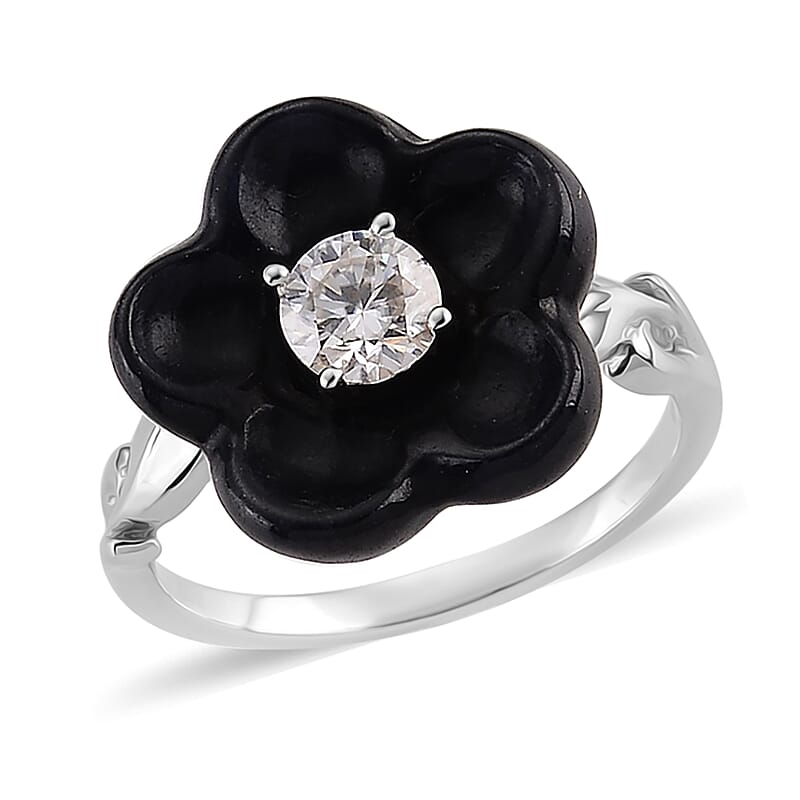 D'Joy Moissanite and Black Jade (D) 8.40 ctw Carved Midnight Bloom Spark Ring in Rhodium Over Sterling Silver (Size 5.0)