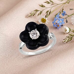 D'Joy Moissanite and Black Jade (D) 8.40 ctw Carved Midnight Bloom Spark Ring in Rhodium Over Sterling Silver (Size 5.0)