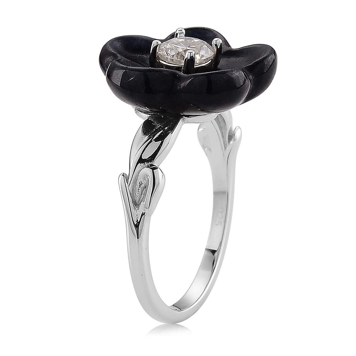 D'Joy Moissanite and Black Jade (D) 8.40 ctw Carved Midnight Bloom Spark Ring in Rhodium Over Sterling Silver (Size 5.0)