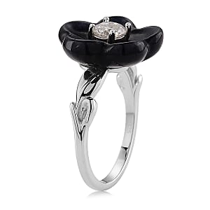 D'Joy Moissanite and Black Jade (D) 8.40 ctw Carved Midnight Bloom Spark Ring in Rhodium Over Sterling Silver (Size 5.0)