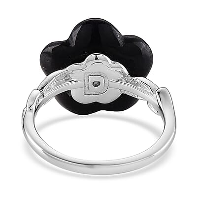 D'Joy Moissanite and Black Jade (D) 8.40 ctw Carved Midnight Bloom Spark Ring in Rhodium Over Sterling Silver (Size 5.0)