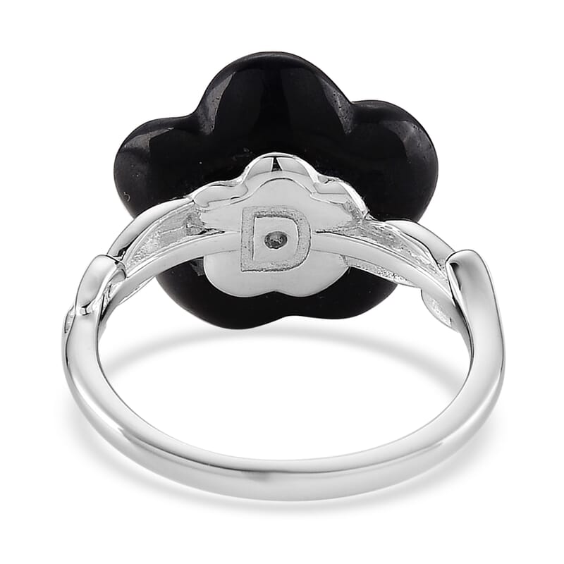 D'Joy Moissanite and Black Jade (D) 8.40 ctw Carved Midnight Bloom Spark Ring in Rhodium Over Sterling Silver (Size 5.0)