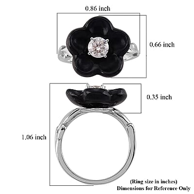 D'Joy Moissanite and Black Jade (D) 8.40 ctw Carved Midnight Bloom Spark Ring in Rhodium Over Sterling Silver (Size 5.0)