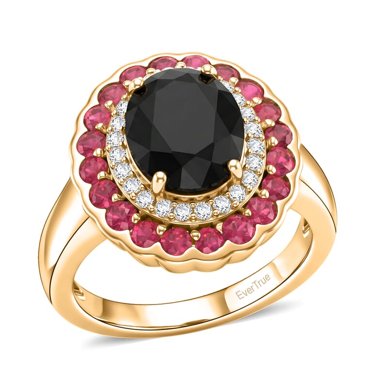 EverTrue Thai Black Spinel 4.65 ctw Midnight Royal Elegance Ring with Fissure-Filled Ruby & White Zircon Accents in 18K Yellow Gold Plated (Size 5.0)