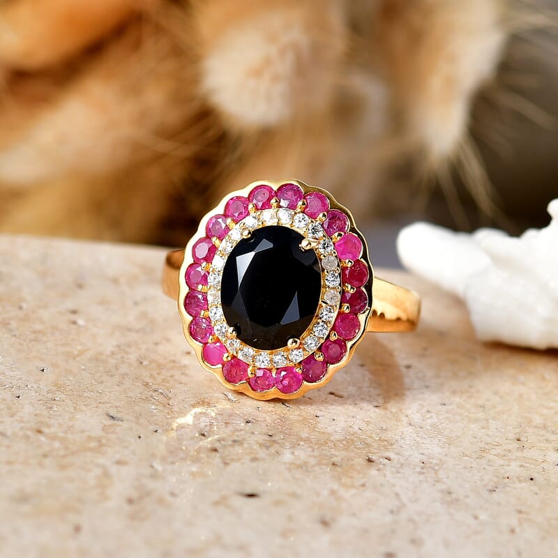 EverTrue Thai Black Spinel 4.65 ctw Midnight Royal Elegance Ring with Fissure-Filled Ruby & White Zircon Accents in 18K Yellow Gold Plated (Size 5.0)