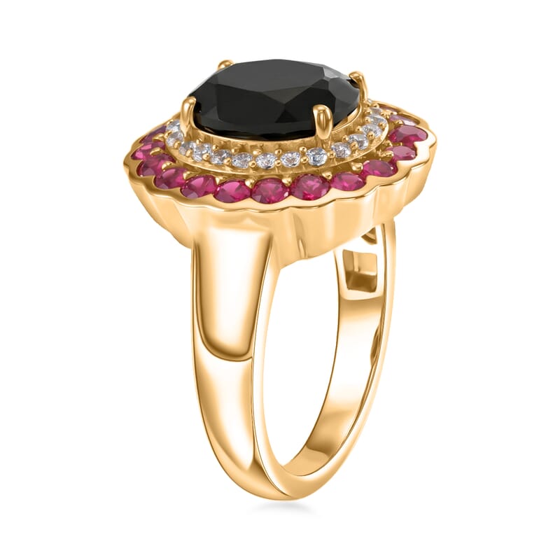 EverTrue Thai Black Spinel 4.65 ctw Midnight Royal Elegance Ring with Fissure-Filled Ruby & White Zircon Accents in 18K Yellow Gold Plated (Size 5.0)