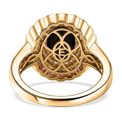EverTrue Thai Black Spinel 4.65 ctw Midnight Royal Elegance Ring with Fissure-Filled Ruby & White Zircon Accents in 18K Yellow Gold Plated (Size 5.0)