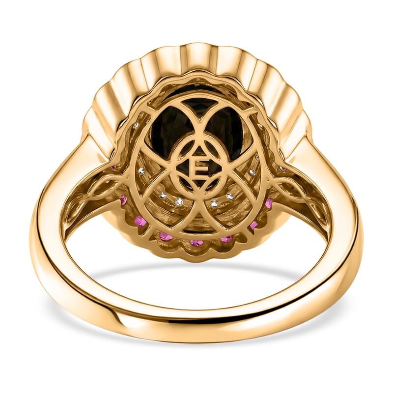 EverTrue Thai Black Spinel 4.65 ctw Midnight Royal Elegance Ring with Fissure-Filled Ruby & White Zircon Accents in 18K Yellow Gold Plated (Size 5.0)