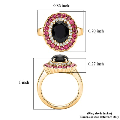 EverTrue Thai Black Spinel 4.65 ctw Midnight Royal Elegance Ring with Fissure-Filled Ruby & White Zircon Accents in 18K Yellow Gold Plated (Size 5.0)