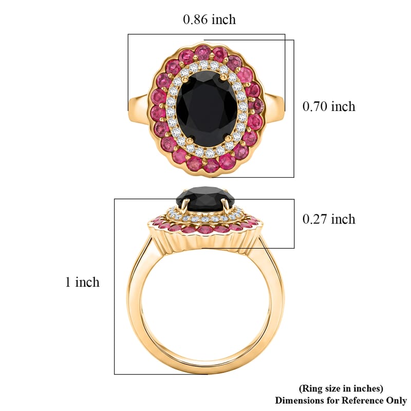 EverTrue Thai Black Spinel 4.65 ctw Midnight Royal Elegance Ring with Fissure-Filled Ruby & White Zircon Accents in 18K Yellow Gold Plated (Size 5.0)