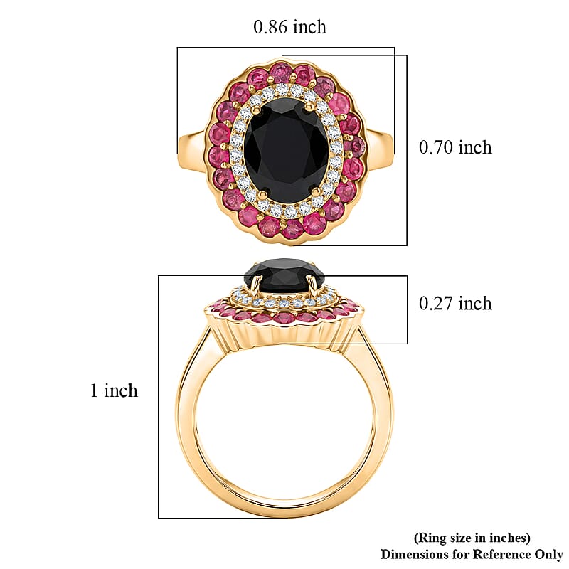 EverTrue Thai Black Spinel 4.65 ctw Midnight Royal Elegance Ring with Fissure-Filled Ruby & White Zircon Accents in 18K Yellow Gold Plated (Size 5.0)