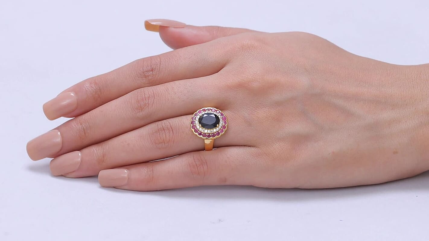 EverTrue Thai Black Spinel, Multi Gemstone Ring in 18K YG Plated (Size 5.0) 4.65 ctw