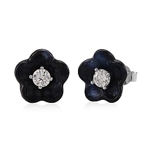 D'Joy Moissanite and Black Jade (D) 8.25 ctw Carved Flower Earrings in Rhodium Over Sterling Silver