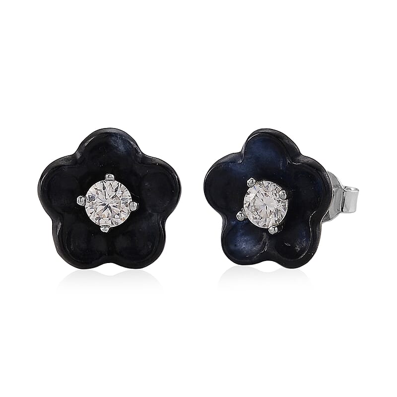 D'Joy Moissanite and Black Jade (D) 8.25 ctw Carved Flower Earrings in Rhodium Over Sterling Silver