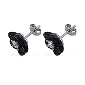 D'Joy Moissanite and Black Jade (D) 8.25 ctw Carved Flower Earrings in Rhodium Over Sterling Silver
