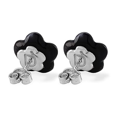 D'Joy Moissanite and Black Jade (D) 8.25 ctw Carved Flower Earrings in Rhodium Over Sterling Silver