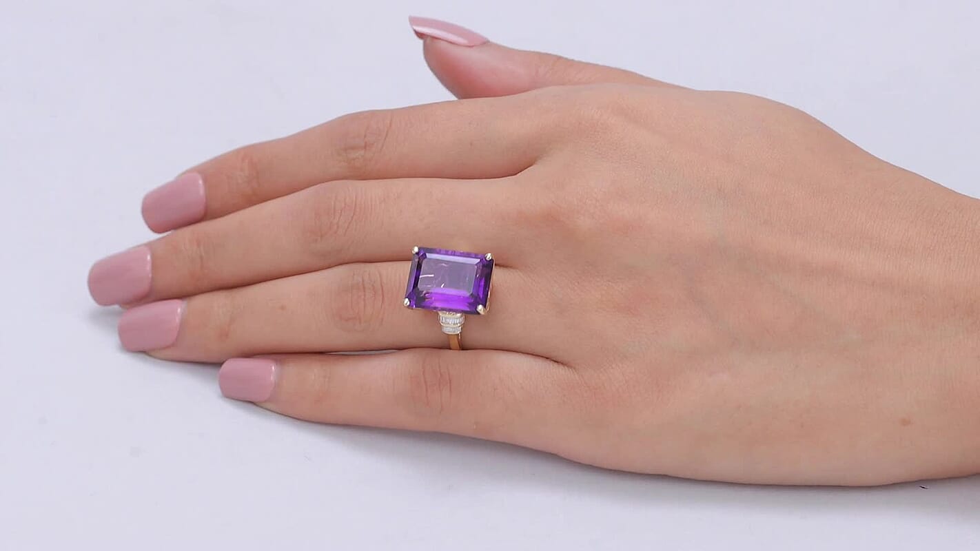Epic Deal Luxoro 10K Yellow Gold Assher Cut AAA Zambian Amethyst, Diamond (I2) Ring (Size 10.0) 11.00 ctw
