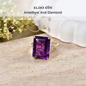 Luxoro AAA Zambian Amethyst and Diamond I2 11.00 ctw Crown Gallery Ring in 10K Yellow Gold (Size  7.5)