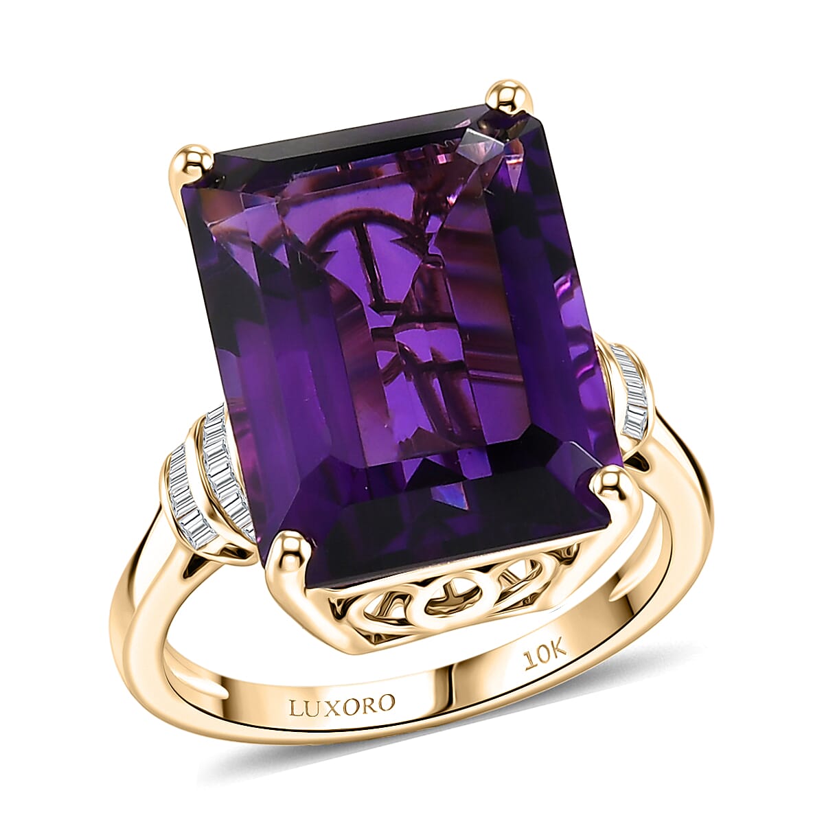 Luxoro AAA Zambian Amethyst and Diamond I2 11.00 Crown Gallery Ring in 10K Yellow Gold (Size 8.0)