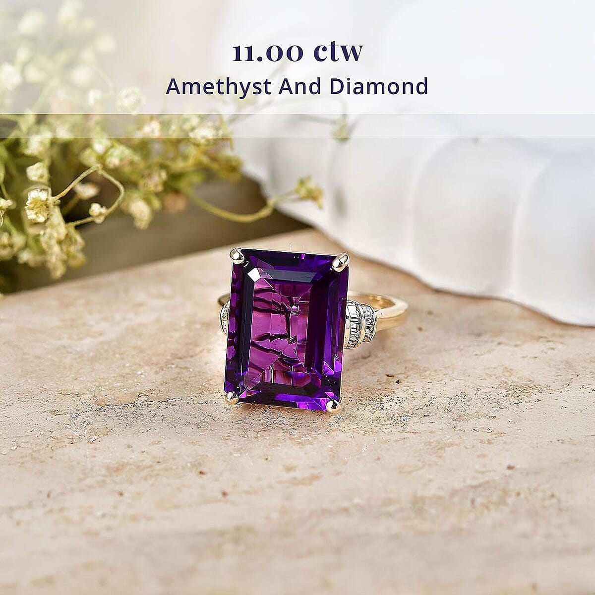 Luxoro AAA Zambian Amethyst and Diamond I2 11.00 ctw Crown Gallery Ring in 10K Yellow Gold (Size  8.5) image number 2