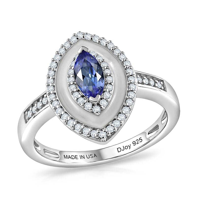 D'Joy Tanzanite and White Zircon 0.90 ctw Royal Marquise Crown Ring in Rhodium Over Sterling Silver (Size  5.0)