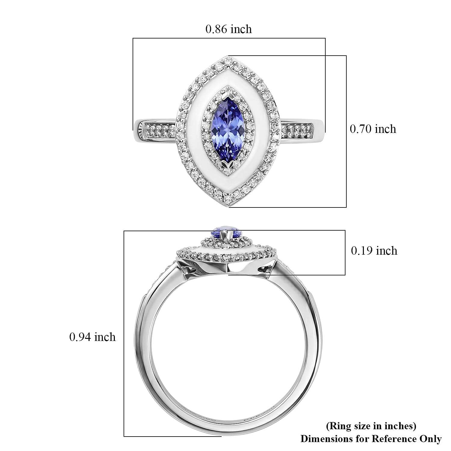 D'Joy Tanzanite and White Zircon 0.90 ctw Royal Marquise Crown Ring in Rhodium Over Sterling Silver (Size  5.0)