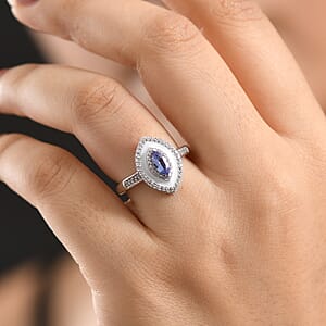 D'Joy Tanzanite and White Zircon 0.90 ctw Royal Marquise Crown Ring in Rhodium Over Sterling Silver (Size  7.0)