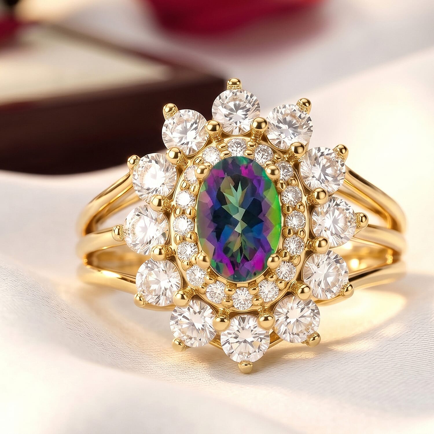 Mystic Topaz and Simulated Diamond 2.50 ctw Ring in 14K YG Over Sterling Silver (Size 8.0)