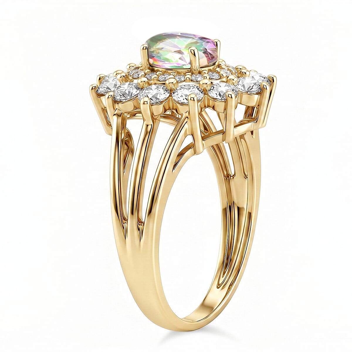 Mystic Topaz and Simulated Diamond 2.50 ctw Ring in 14K YG Over Sterling Silver (Size 8.0)