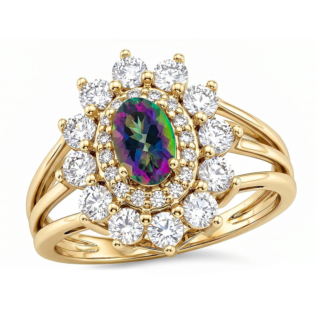 Mystic Topaz and Simulated Diamond 2.50 ctw Ring in 14K YG Over Sterling Silver (Size 9.0)